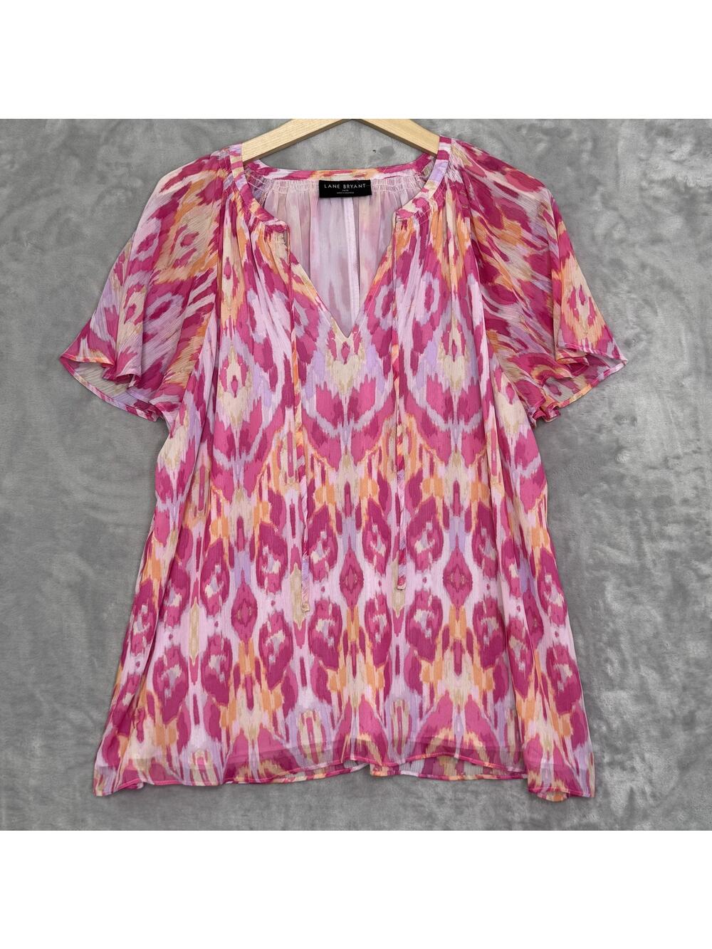 Lane Bryant Blouse Womens 14/16 Pink Orange Ikat Sheer Flutter Sleeve Top Boho